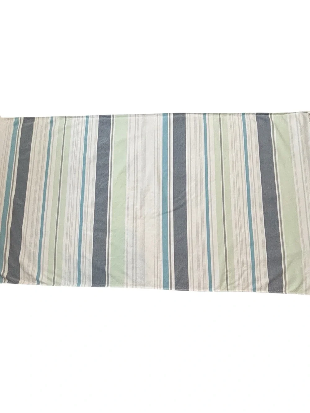Coyuchi Flat Weave Striped Beach Towel Fringe Edge Blue Gray Green White 70”x37